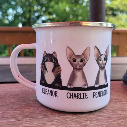 Personalized Cute Peeking Cats - Pick Your Cats - 12oz Enamel Mug - Add up to 6 Cats!