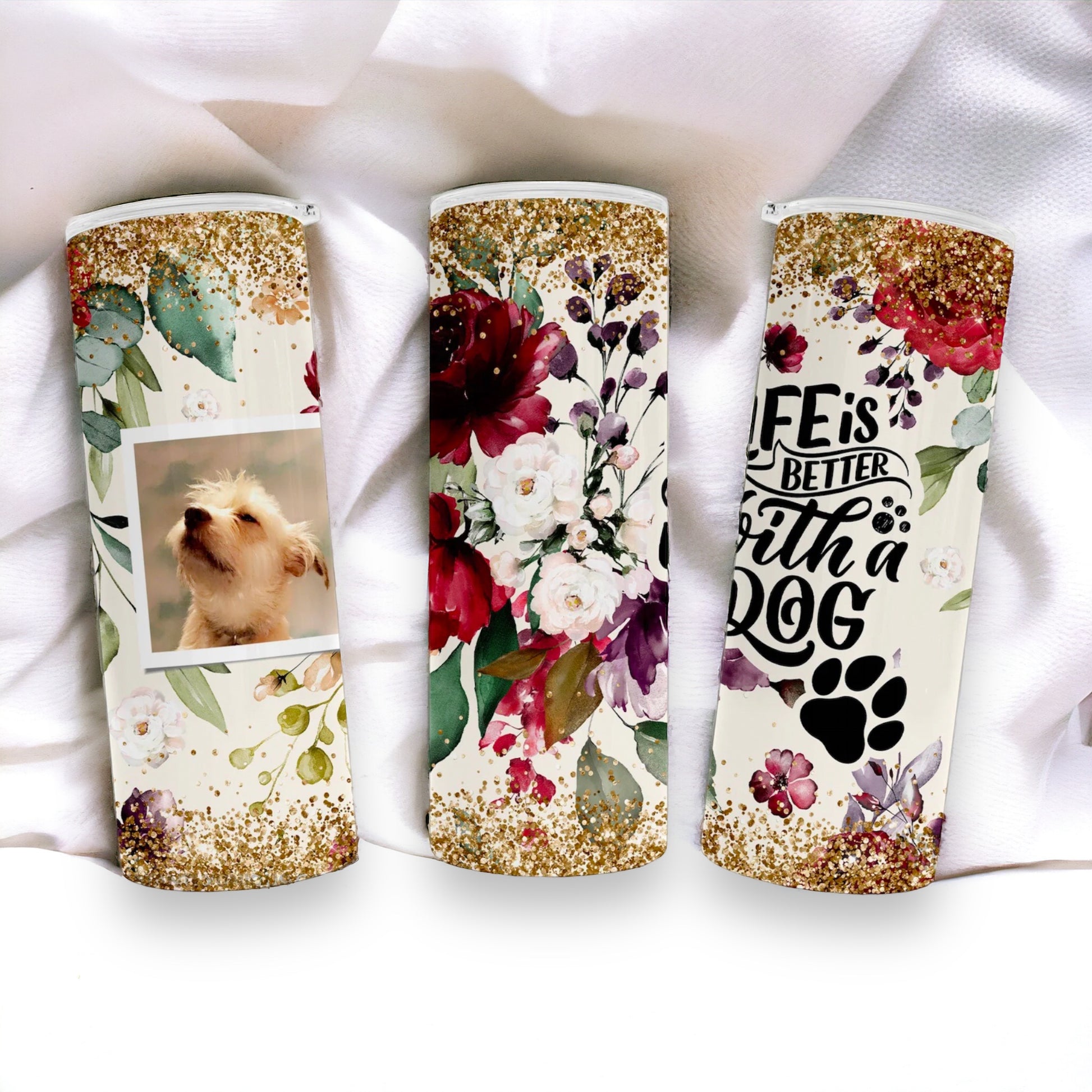Personalized Dog Photo Tumbler - Life is Better with a Dog Quote Floral Custom Photo 20oz Cup