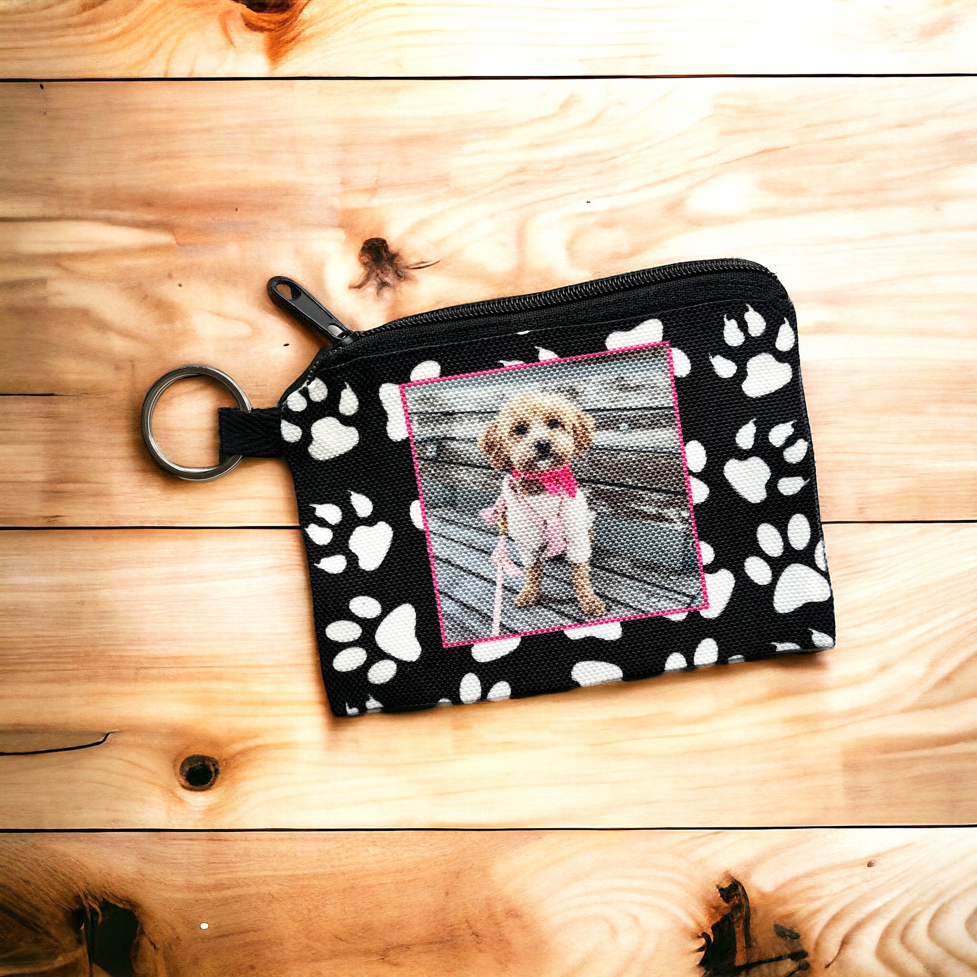 Personalized Dog Photo with Paw Prints Coin Purse - Custom Pet Picture Zipper Pouch
