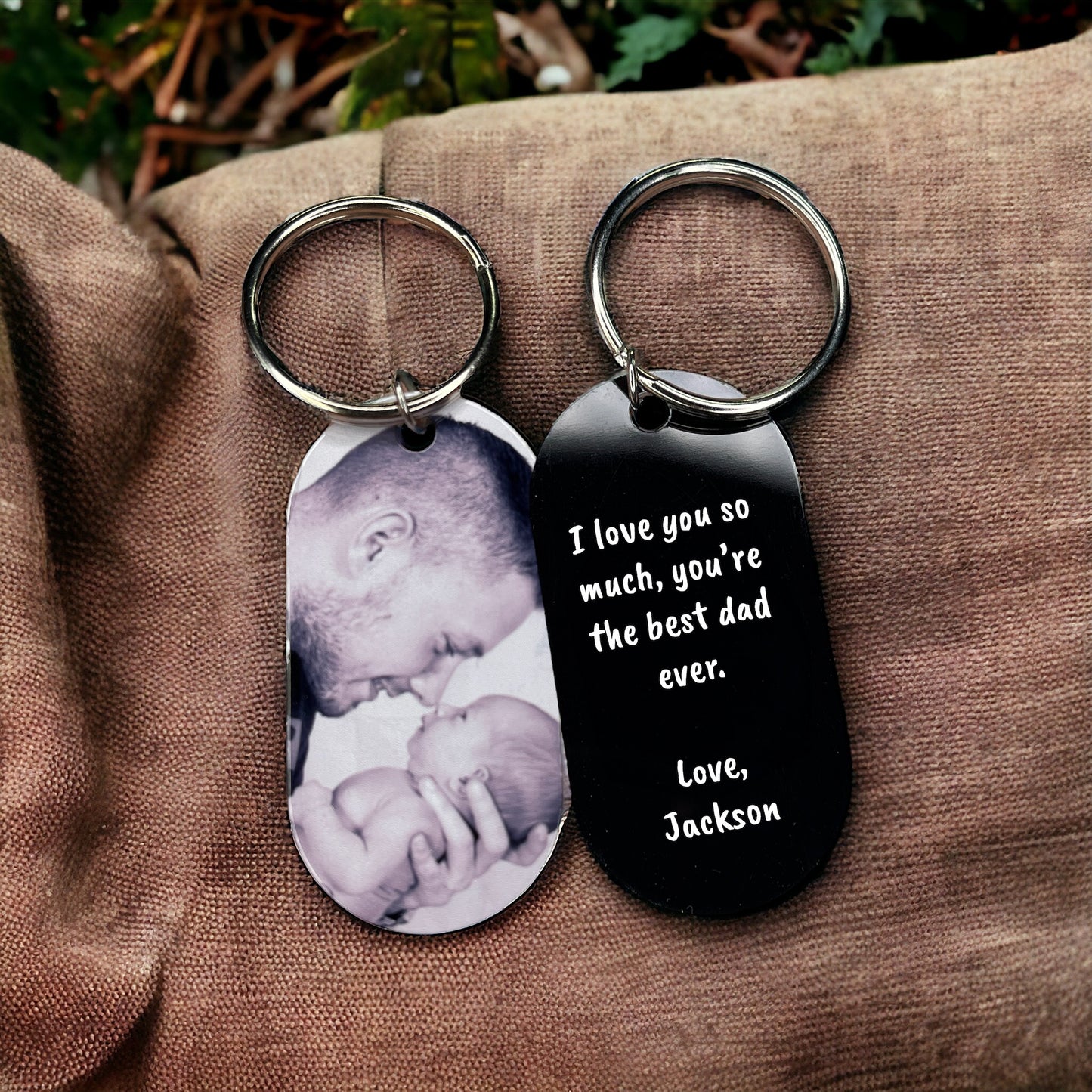Personalized Father's Day Photo Dog Tag Keychain with Your Own Custom Quote