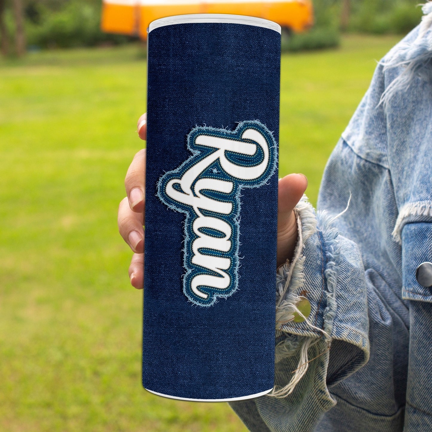 Personalized Faux Blue Jeans Tumbler with Custom Name Patch