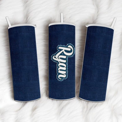 Personalized Faux Blue Jeans Tumbler with Custom Name Patch