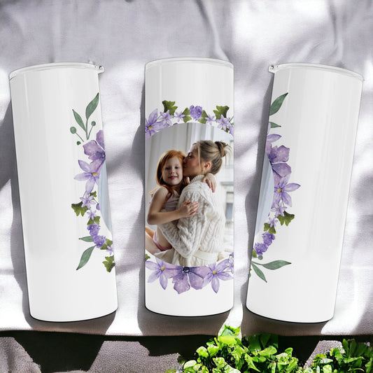 Personalized Floral Circle Photo Tumbler - Lavender Purple Wreath Designed - Custom Picture Cup