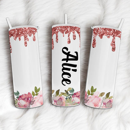 Personalized Floral and Dripping Faux Glitter Tumbler - Add Your Name