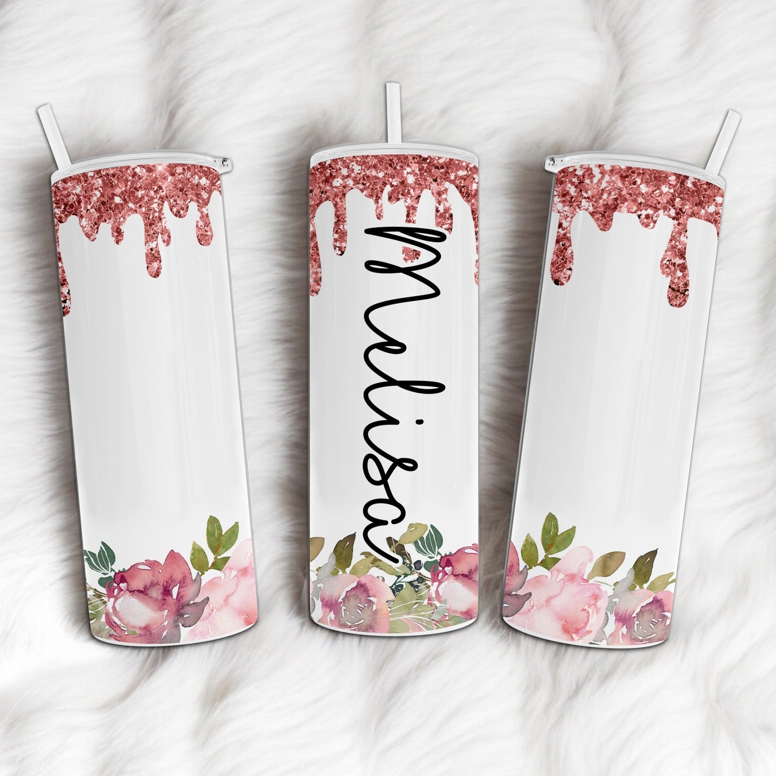 Personalized Floral and Dripping Faux Glitter Tumbler - Add Your Name