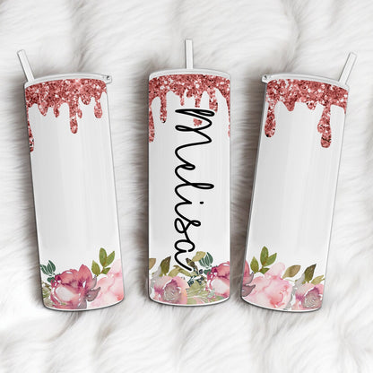 Personalized Floral and Dripping Faux Glitter Tumbler - Add Your Name