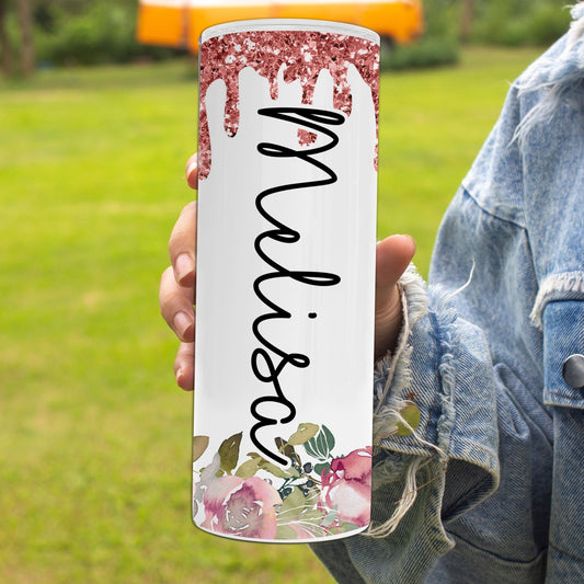 Personalized Floral and Dripping Faux Glitter Tumbler - Add Your Name