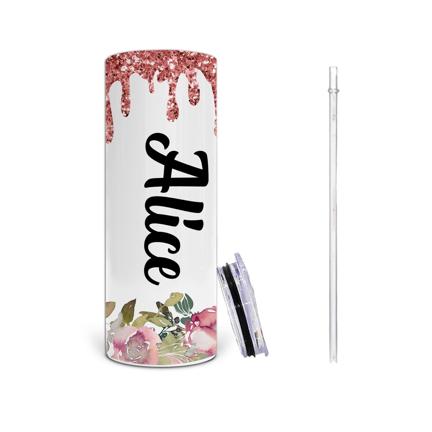 Personalized Floral and Dripping Faux Glitter Tumbler - Add Your Name