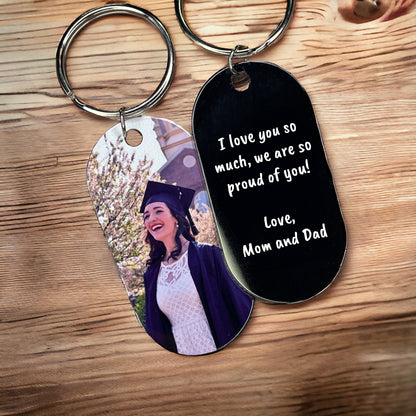Personalized Graduation Senior Photo Dog Tag Keychain with Your Own Custom Quote