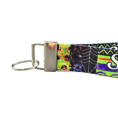 Personalized Halloween Green and Purple Striped Keychain Wristlet - Faux Glitter and Fun Patterns with Optional Custom Text on Both Sides