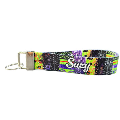 Personalized Halloween Green and Purple Striped Keychain Wristlet - Faux Glitter and Fun Patterns with Optional Custom Text on Both Sides