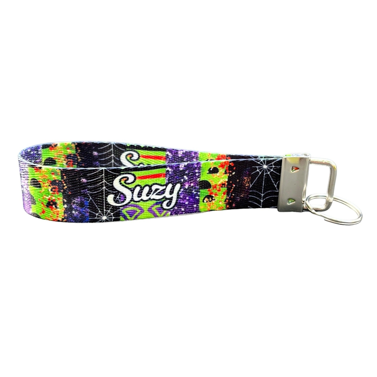 Personalized Halloween Green and Purple Striped Keychain Wristlet - Faux Glitter and Fun Patterns with Optional Custom Text on Both Sides