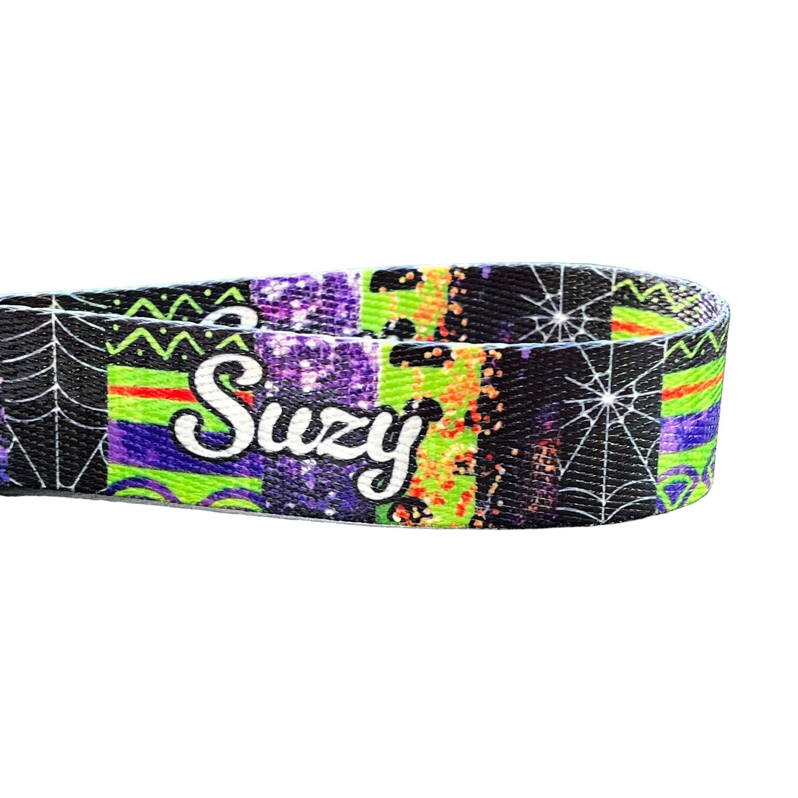 Personalized Halloween Green and Purple Striped Keychain Wristlet - Faux Glitter and Fun Patterns with Optional Custom Text on Both Sides