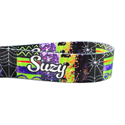 Personalized Halloween Green and Purple Striped Keychain Wristlet - Faux Glitter and Fun Patterns with Optional Custom Text on Both Sides