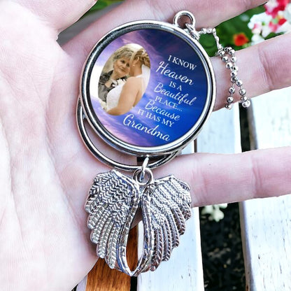 Personalized Heaven is a Beautiful Place Because Quote - Custom Angel Wing Photo Pendant - Rearview Mirror Charm with Pictures