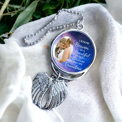Personalized Heaven is a Beautiful Place Because Quote - Custom Angel Wing Photo Pendant - Rearview Mirror Charm with Pictures