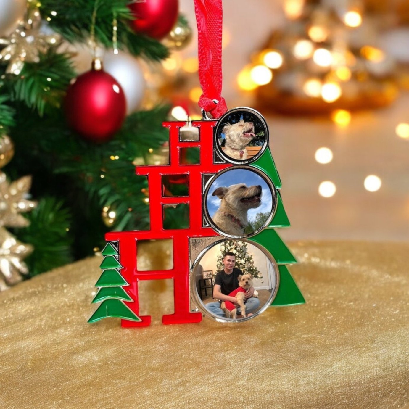 Personalized HoHoHo Christmas Tree Shaped Metal Ornament - Custom Photo Keepsake with 3 Photos