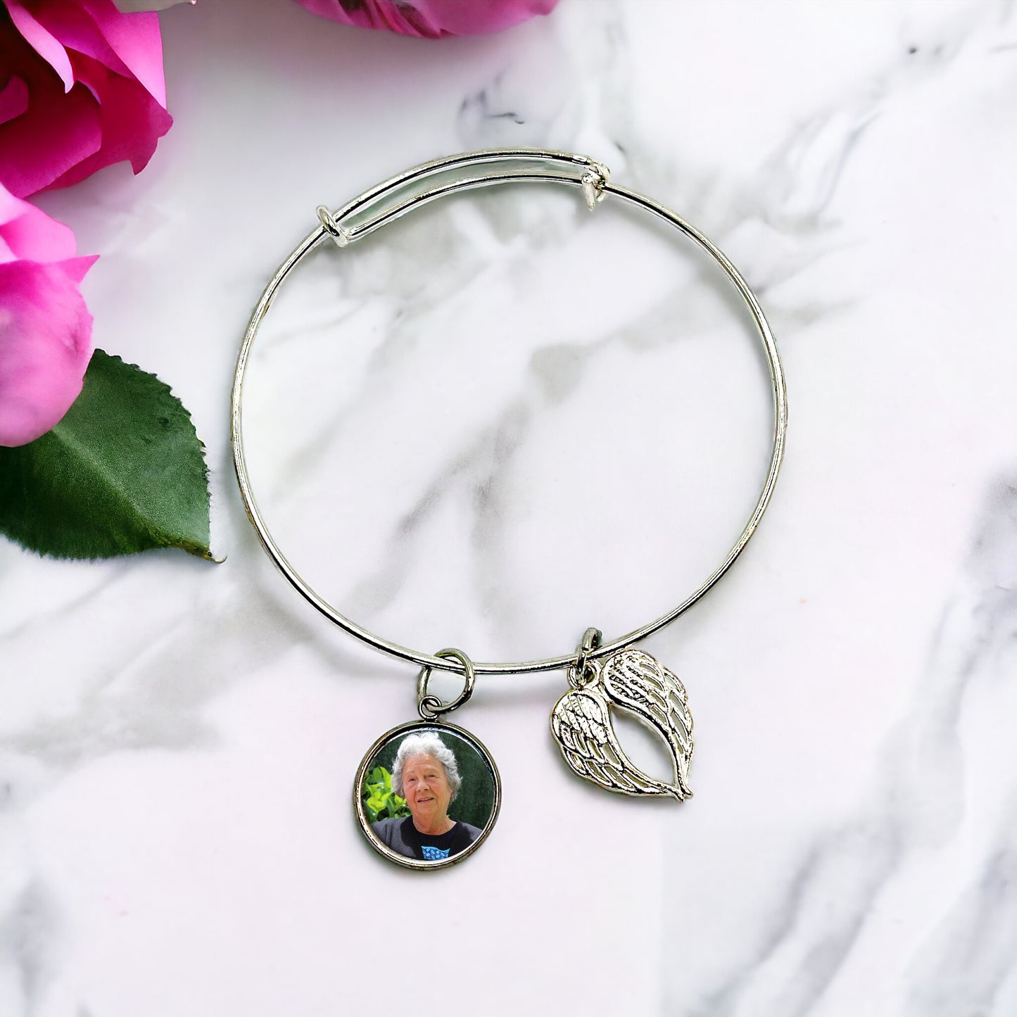 Personalized Memorial Angel Wing Charm Adjustable Silver Bracelet with Your Photo Charm