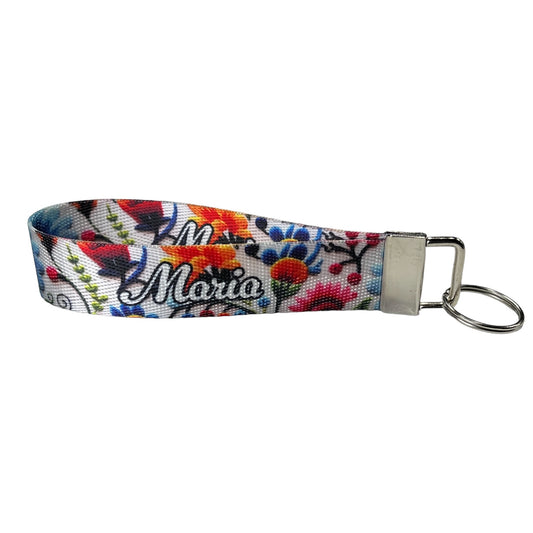 Personalized Mexican Floral Faux Embroidery Design Nylon Key Fob - Custom Mexico Pattern Wristlet Keychain