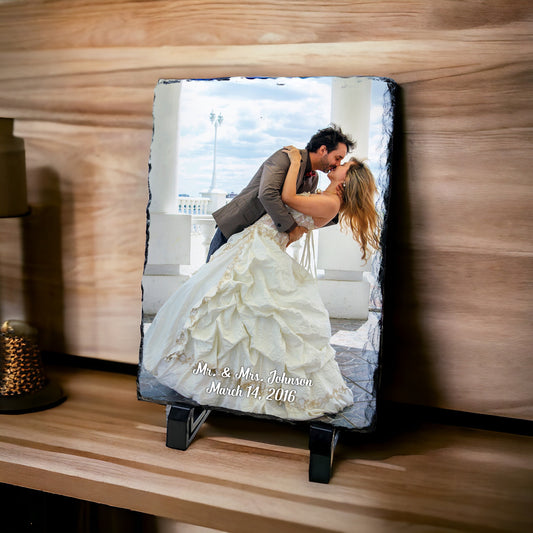 Personalized Newlywed Photo Slate - Custom Picture Plaque with Stand