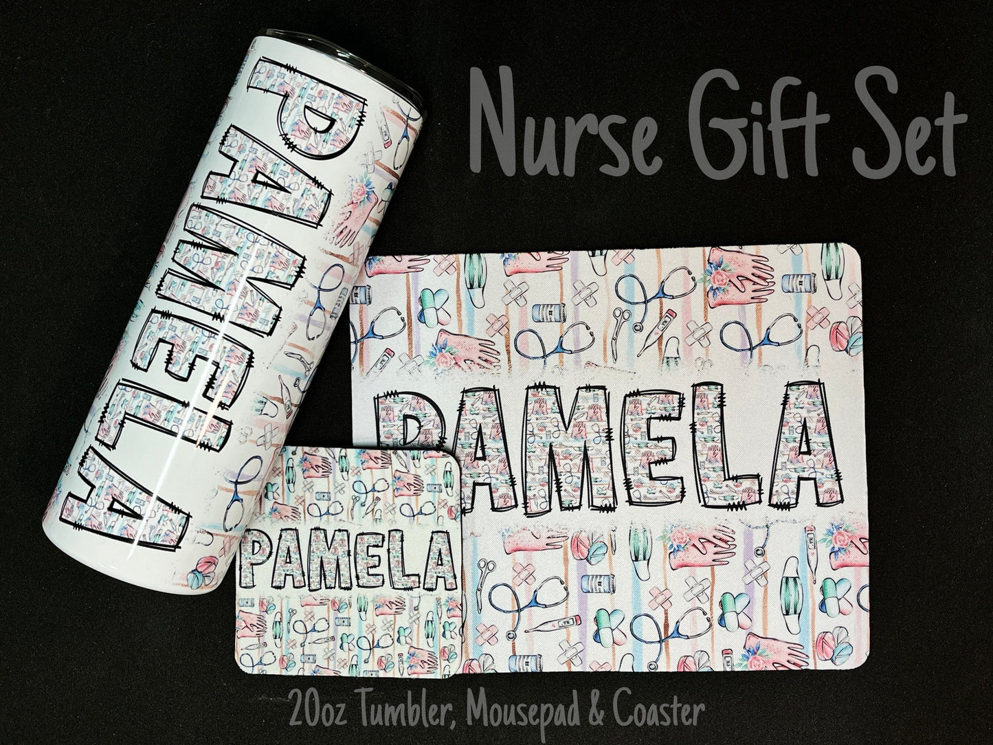 Personalized Nurse Name Gift Set with Tumbler, Mousepad and Coaster