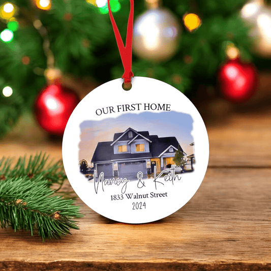 Personalized “Our First Home” Watercolor Christmas Ornament – Custom Photo, Names, and Address Keepsake