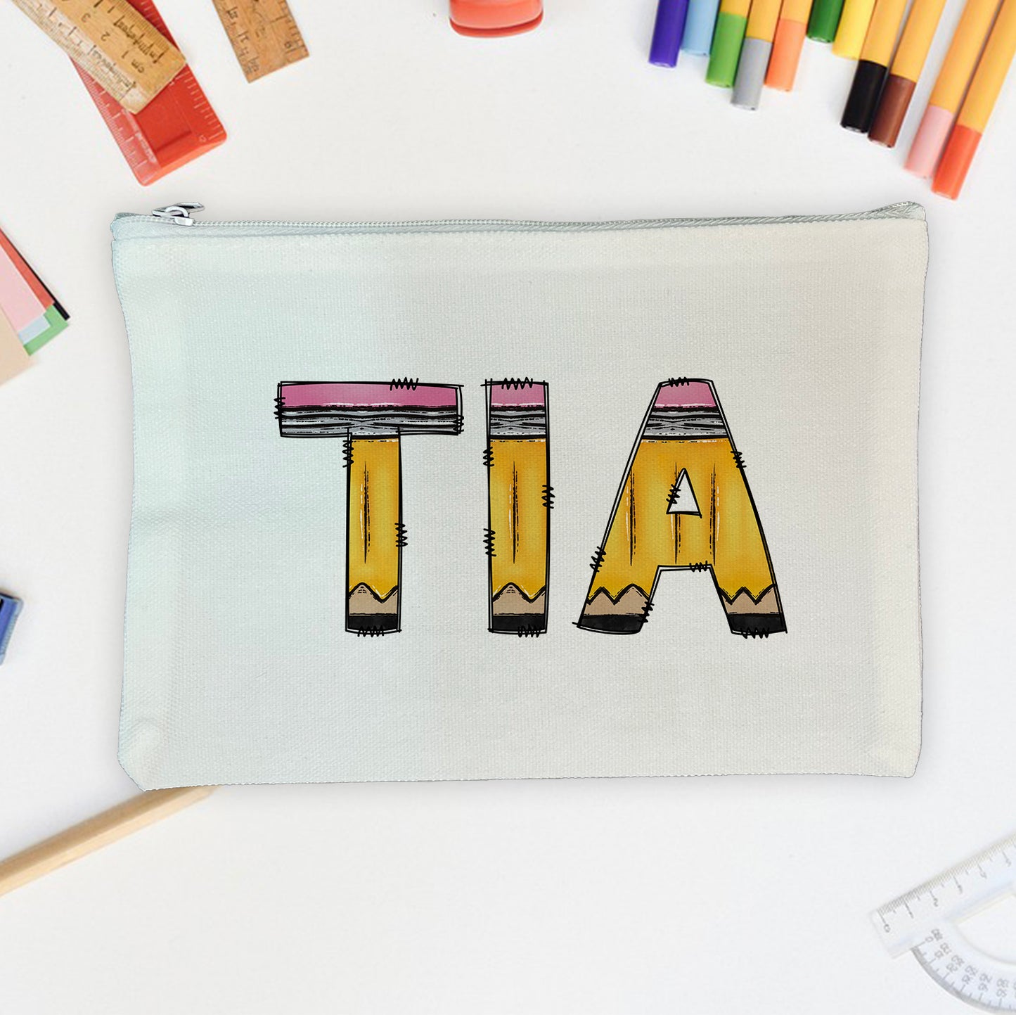 Personalized Pencil Pouch - Doodle Letter Design - Add Your Name Stationary Zipper Bag for School Supplies