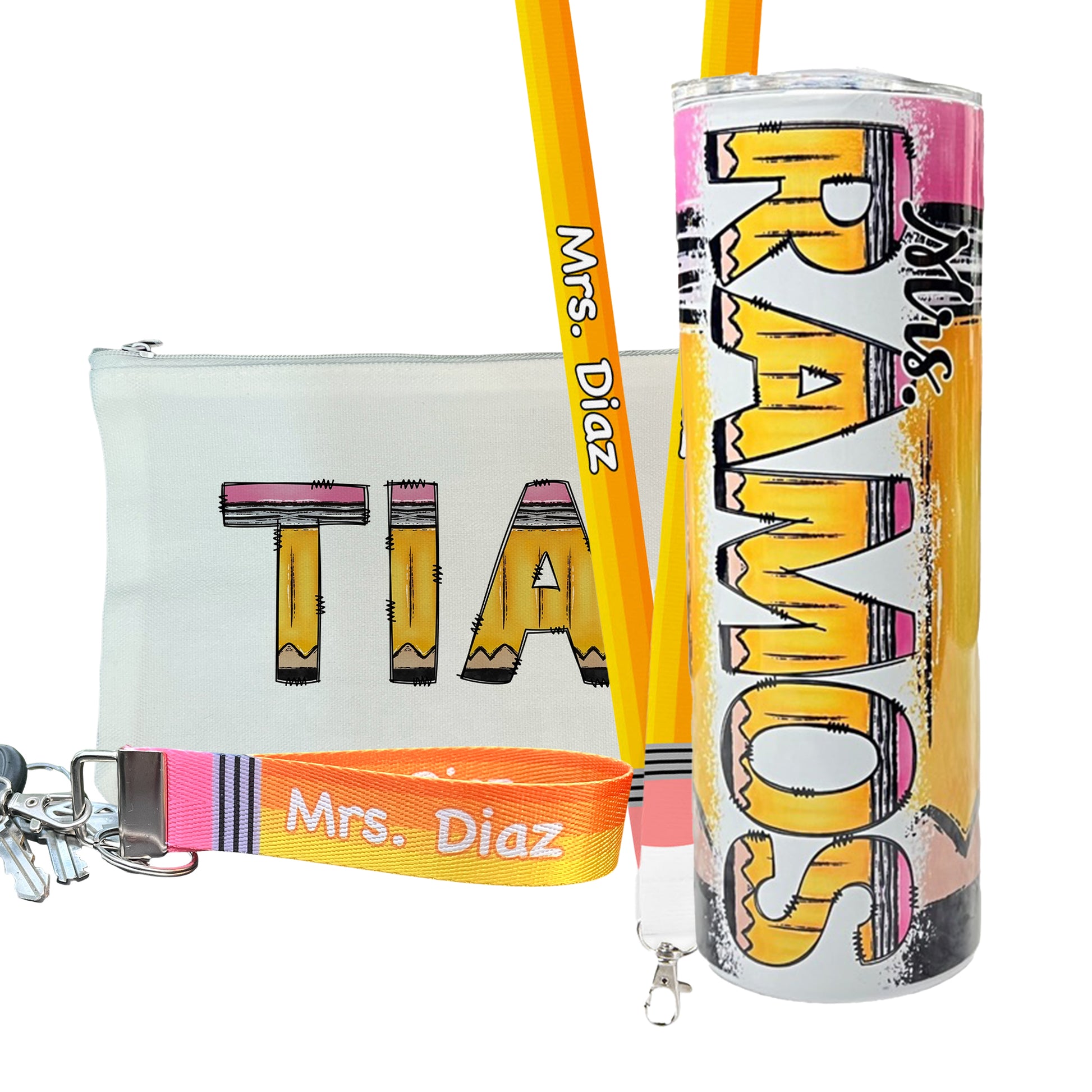 Personalized Pencil Themed Teacher Gift Set, Options Include Custom Tumbler, Long Lanyard, Nylon Wristlet and Zipper Bag Pouch