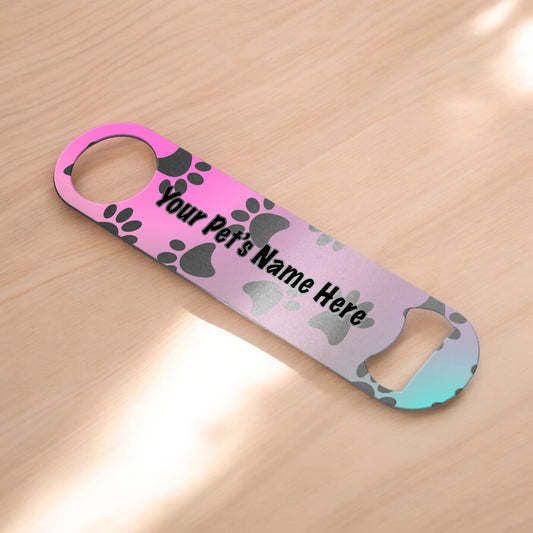 Personalized Pet Name Bar Key Paw Print Pattern Stainless Sheen Bottle Opener