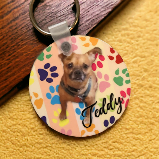 Personalized Pet Photo Cutout Paw Print Keychain with Name - Custom Double Sided Circle Wood Keychain