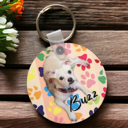 Personalized Pet Photo Cutout Paw Print Keychain with Name - Custom Double Sided Circle Wood Keychain