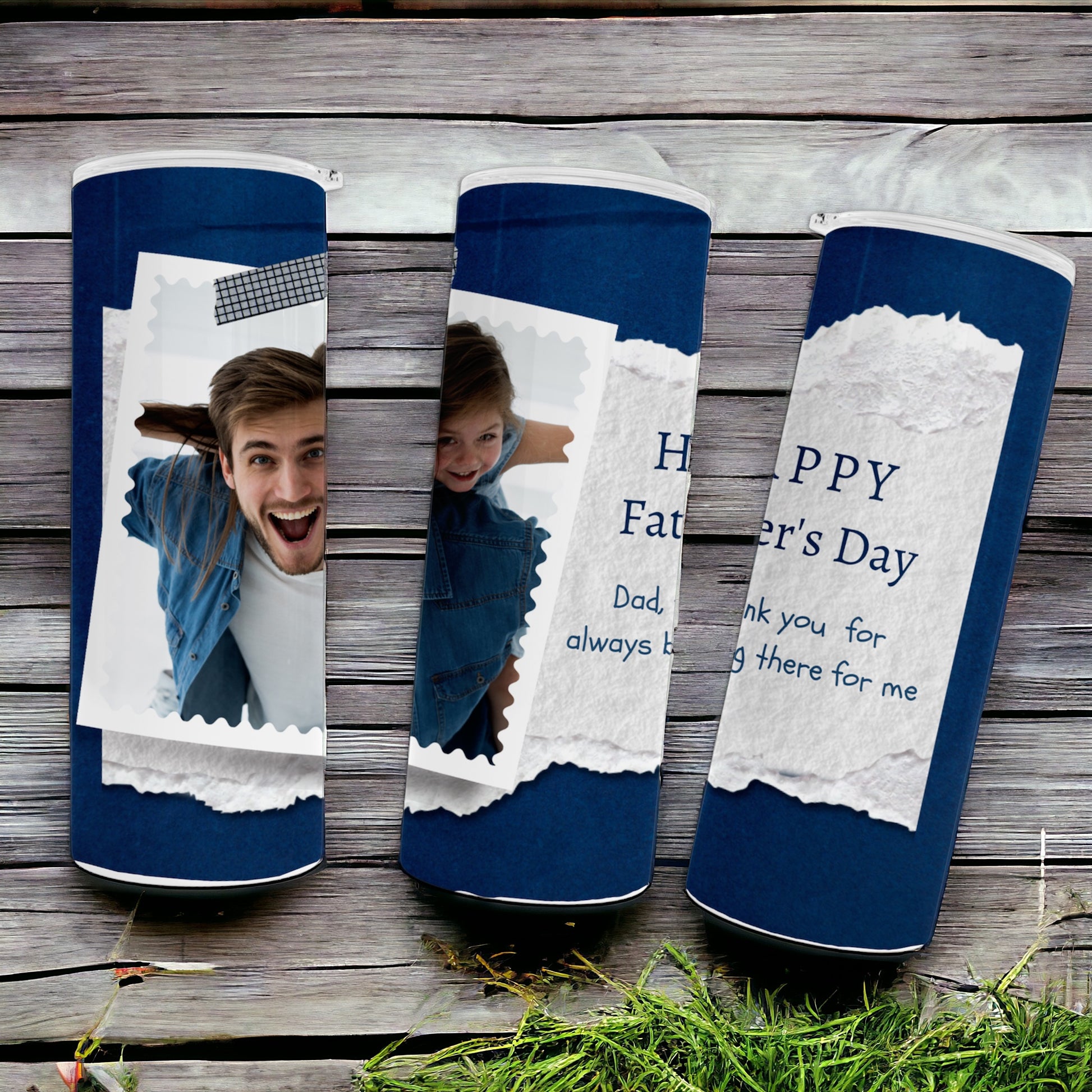 Personalized Photo Father's Day Photo Tumbler Blue Background with Your Custom Message