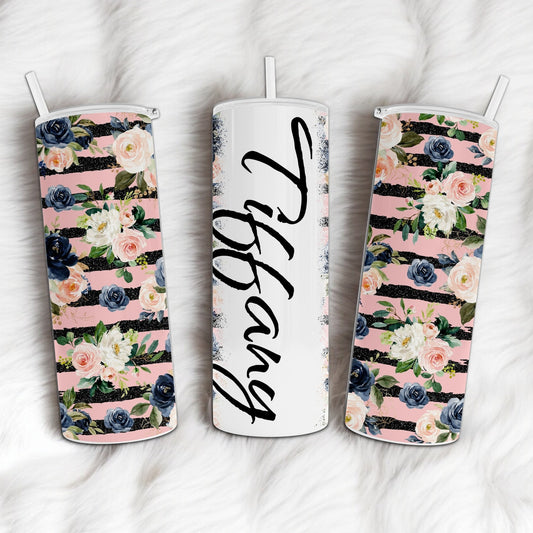 Personalized Pink Floral with Black Faux Glitter Stripes Custom Name Tumbler