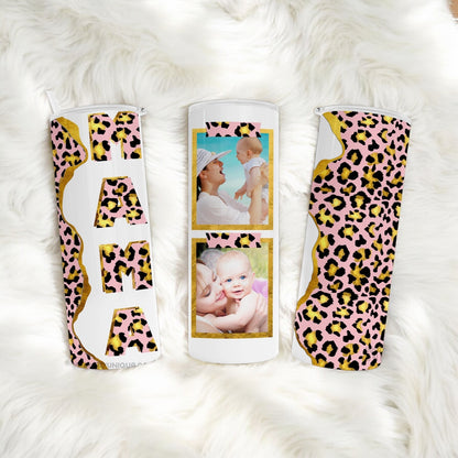 Personalized Pink and Black Leopard MAMA Photo Collage Custom Tumbler - 20oz Skinny Tumbler with Lid and Straw