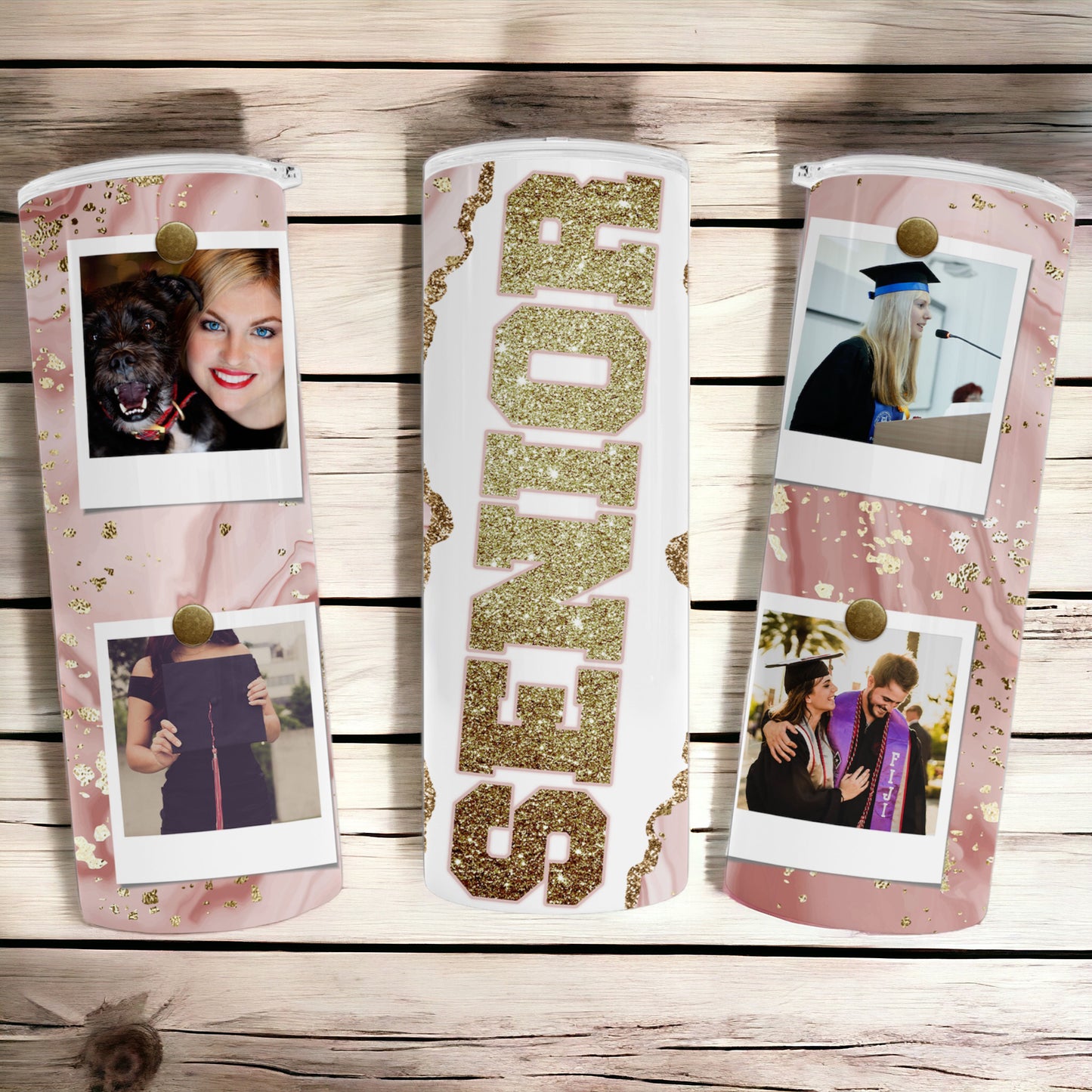Personalized Pink and Gold Faux Glitter Senior Graduation Tumbler - Custom Photo Collage Cup