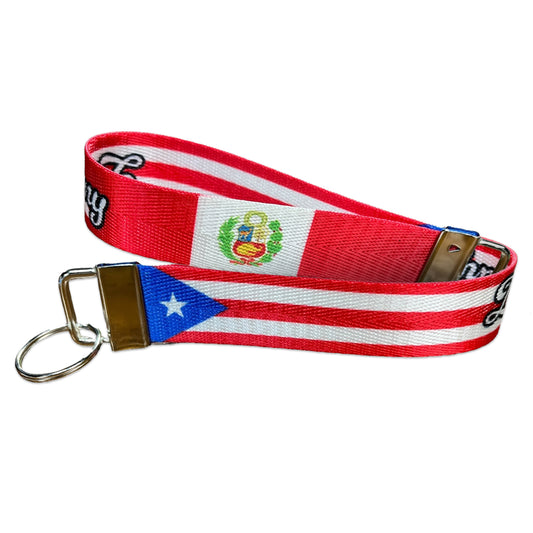 Personalized Puerto Rico Peru Nylon Key Fob Tag - Custom Puerto Rican Peruvian Flag Wristlet Keychain