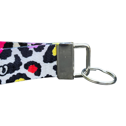 Personalized Rainbow Leopard Print Design Nylon Key Fob - Custom Bright Neon Color Theme Animal Pattern Wristlet Keychain