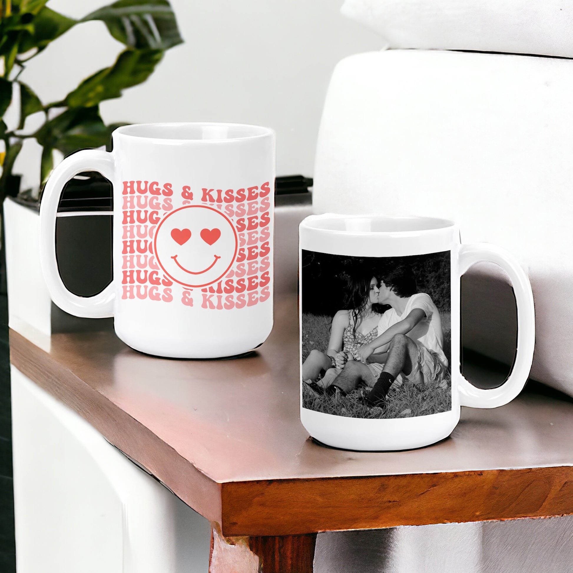 Personalized Retro Hugs and Kisses Photo Mug - Custom Large 15oz Coffee Mug with Your Picture