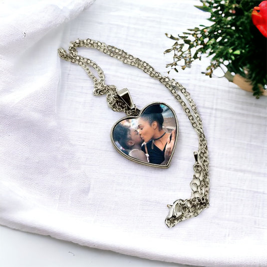 Personalized Silver Chain Custom Photo Heart Necklace - Double Sided Keepsake