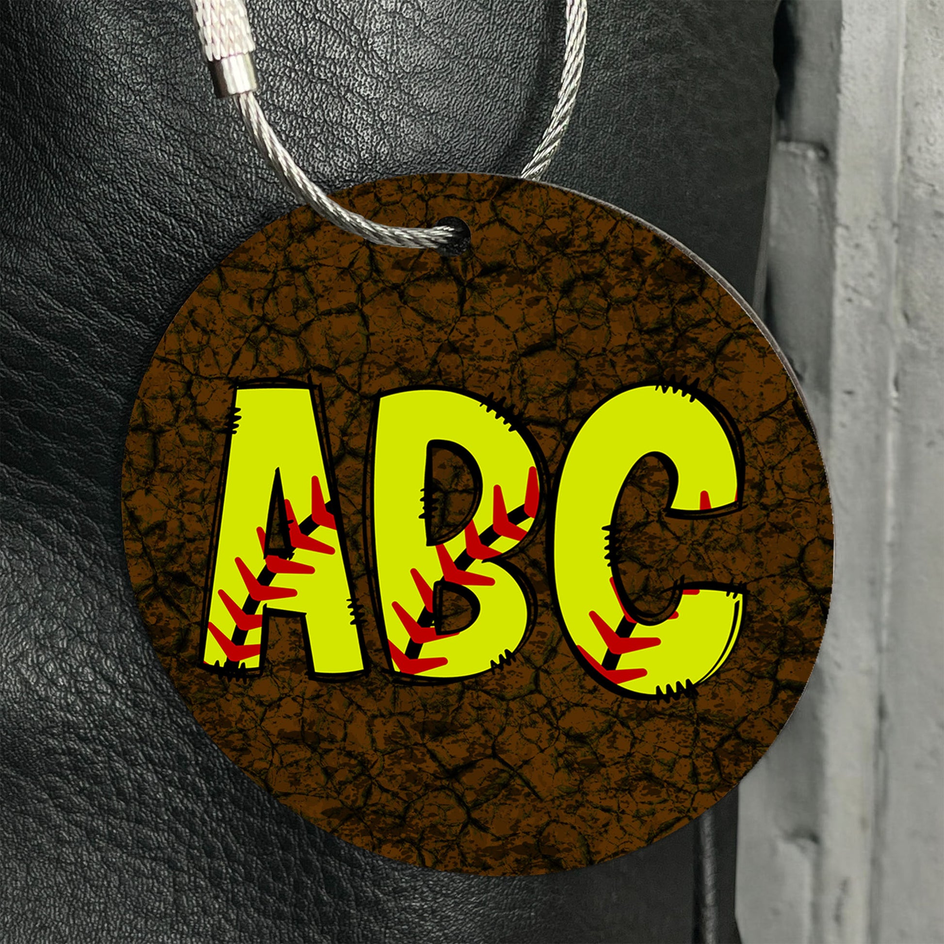 Personalized Softball Initials Bag Tag - Custom Monogram with Wire Cable