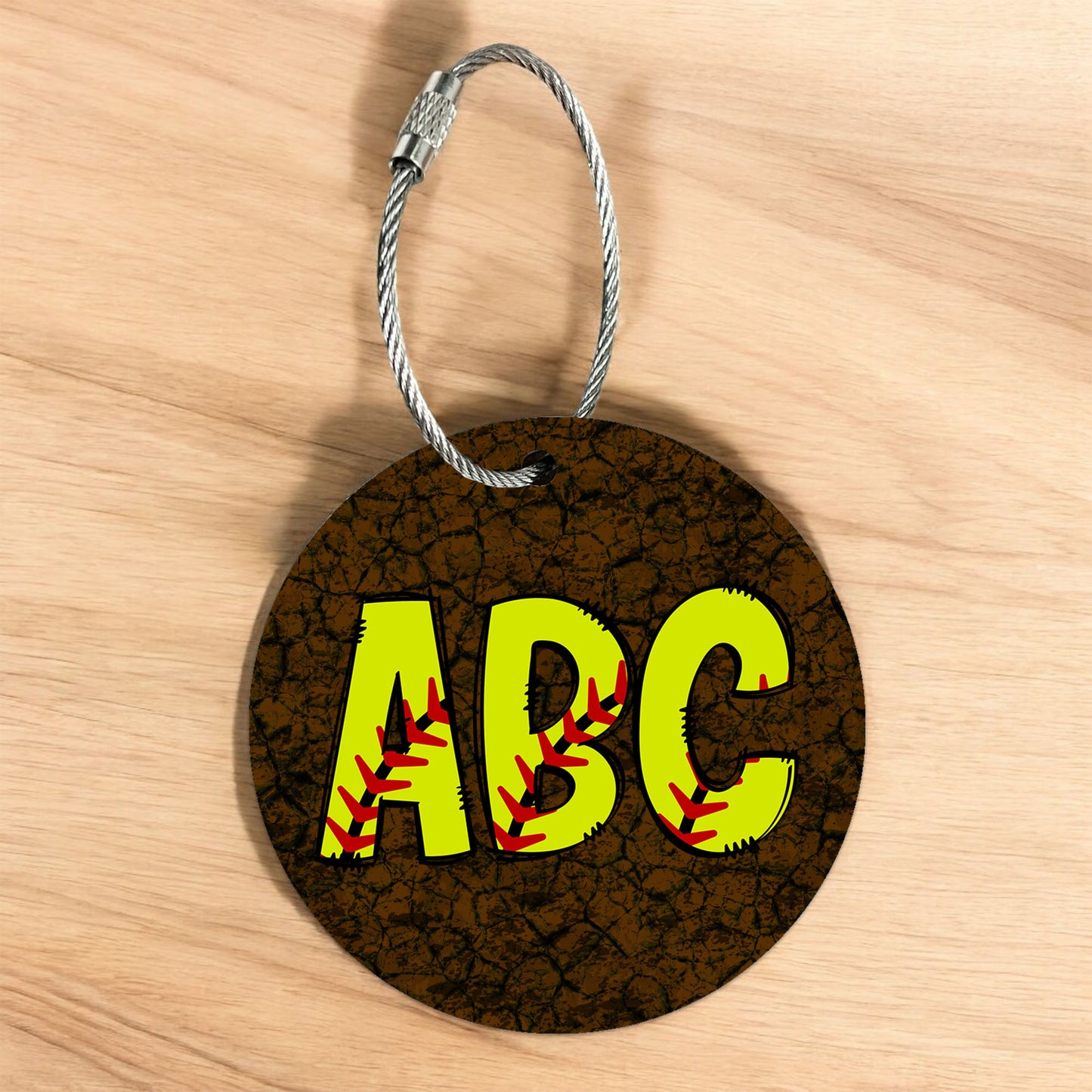 Personalized Softball Initials Bag Tag - Custom Monogram with Wire Cable