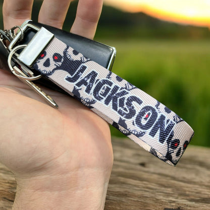 Personalized Spooky Skulls Halloween Nylon Keychain Wristlet - Customizable Grungy Font Text for Keys, Bags, and Halloween Accessories