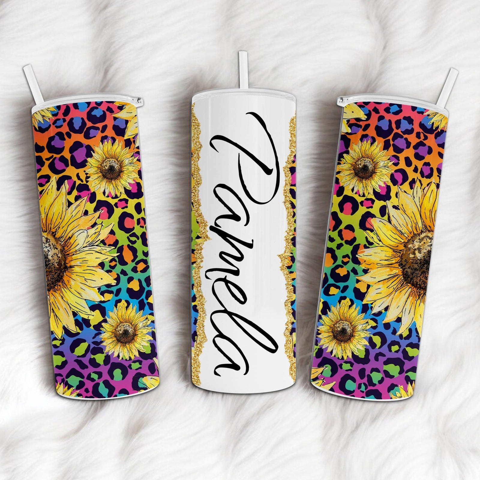 Personalized Sunflower and Rainbow Leopard Print Tumbler with Custom Text - 20oz Stainless Steel Tumbler with Lid and Straw