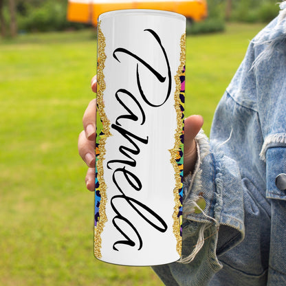 Personalized Sunflower and Rainbow Leopard Print Tumbler with Custom Text - 20oz Stainless Steel Tumbler with Lid and Straw