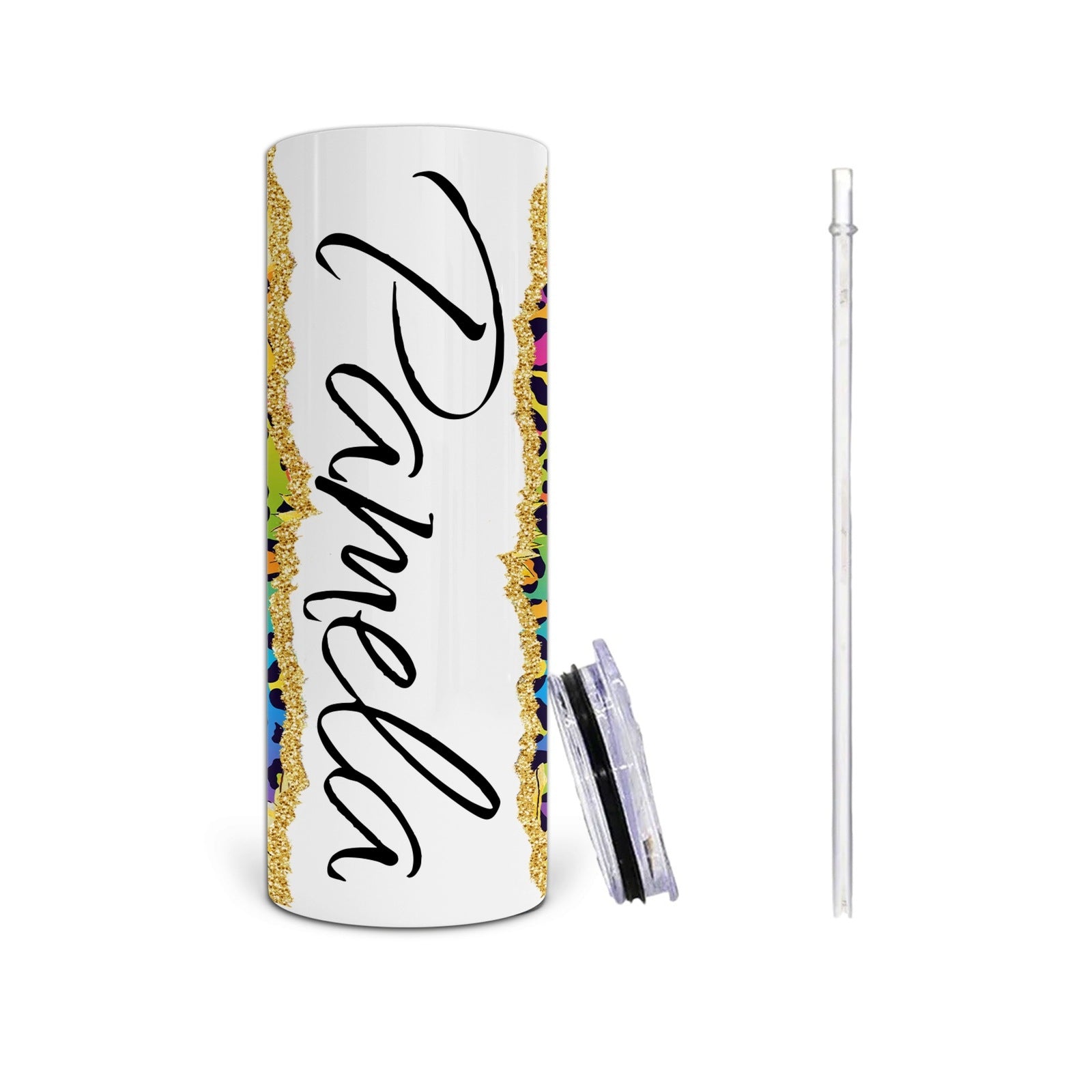 Personalized Sunflower and Rainbow Leopard Print Tumbler with Custom Text - 20oz Stainless Steel Tumbler with Lid and Straw