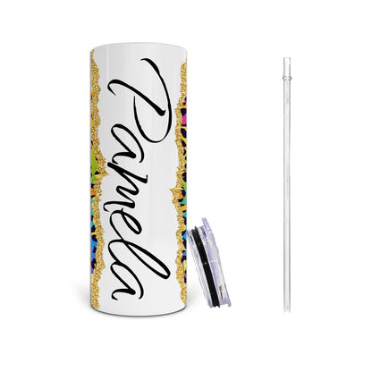 Personalized Sunflower and Rainbow Leopard Print Tumbler with Custom Text - 20oz Stainless Steel Tumbler with Lid and Straw