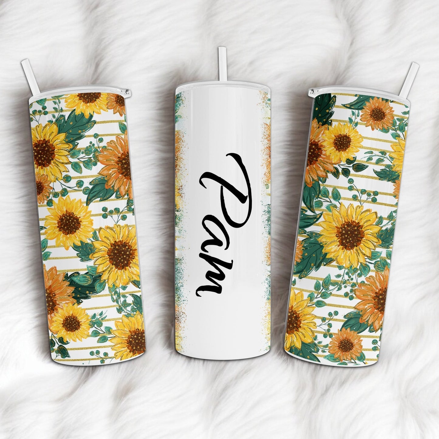 Personalized Sunflowers and Gold Stripes Custom Name Tumbler