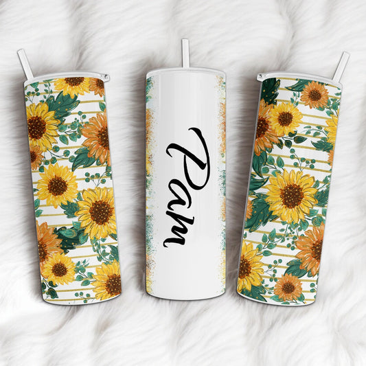 Personalized Sunflowers and Gold Stripes Custom Name Tumbler