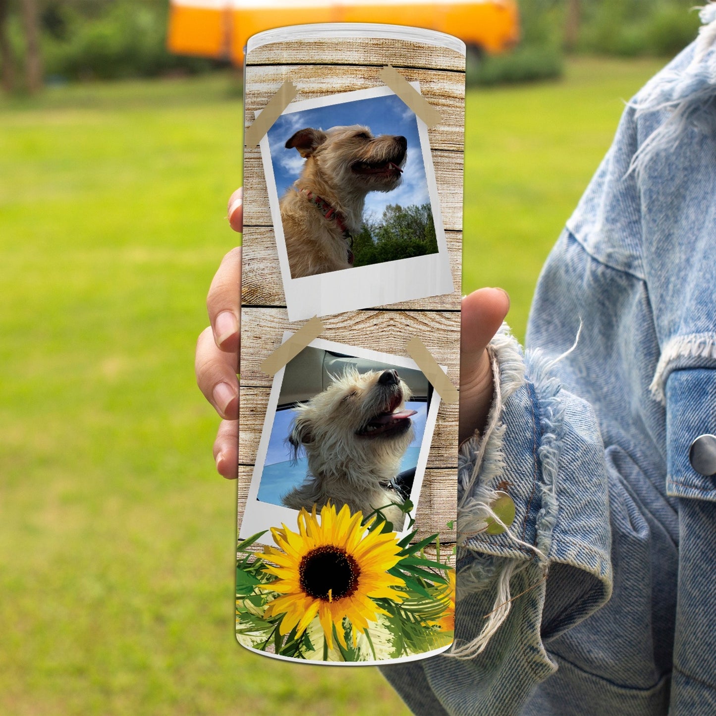 Personalized Tan Wood Sunflower Photo Collage Tumbler