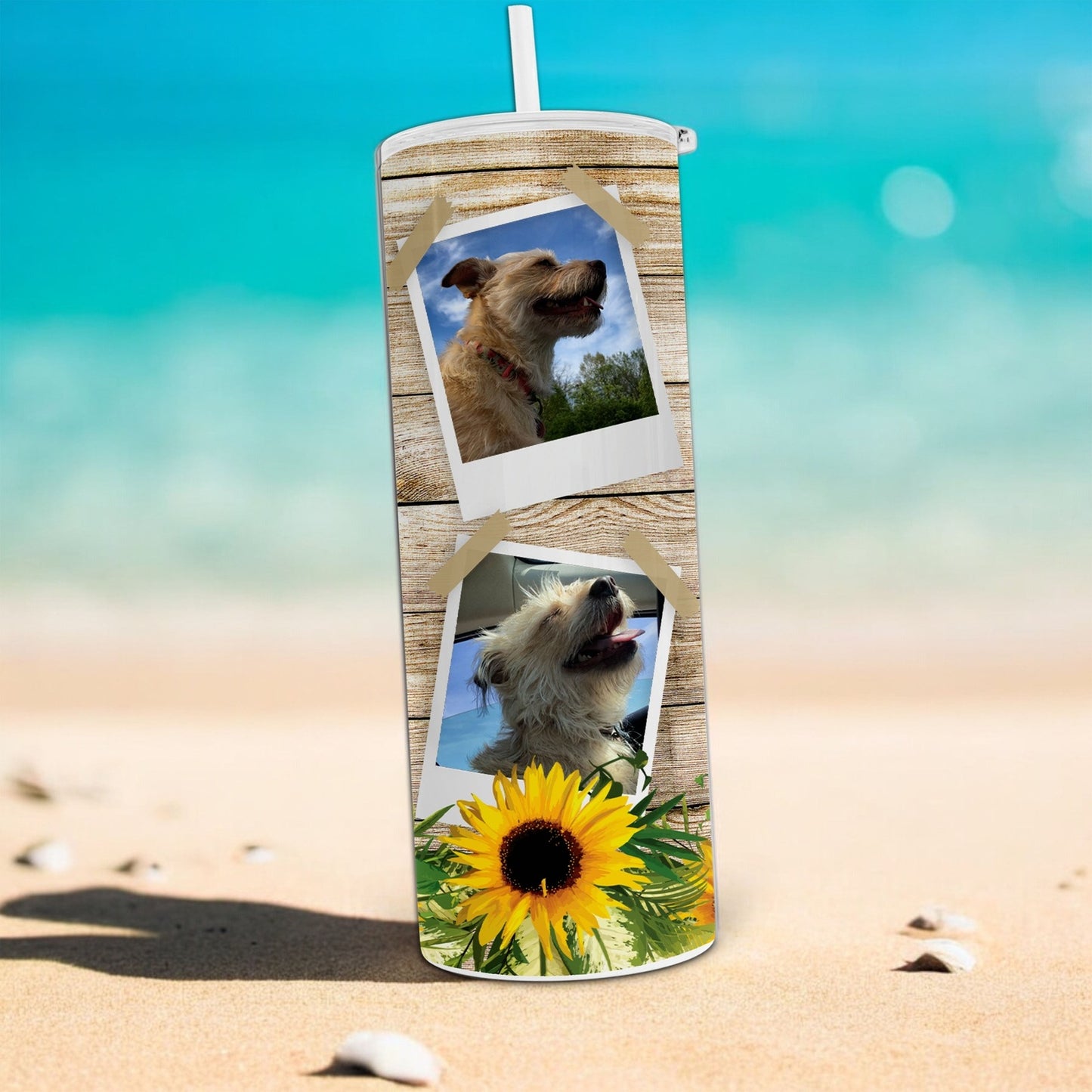 Personalized Tan Wood Sunflower Photo Collage Tumbler